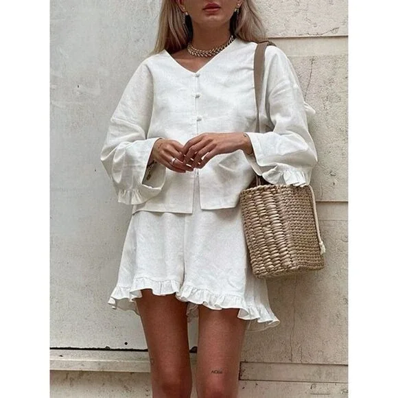 Commense Pure Cotton Ruffle Decor Shorts Set off white size M - Picture 3 of 5